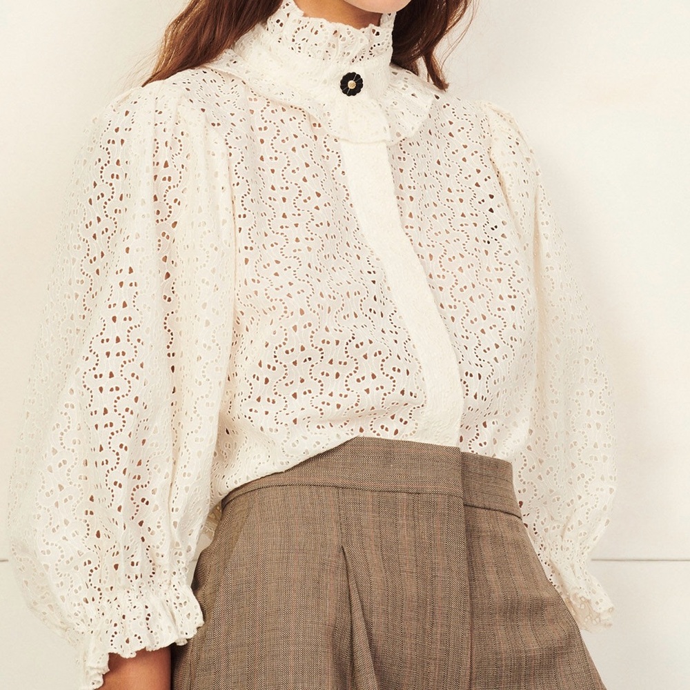 Sandro Cream Lace Blouse with Puff Sleeves NEW WITH TAGS - Size 1